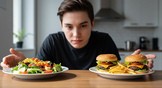A young man choosing between a fresh salad and tempting cheeseburgers.