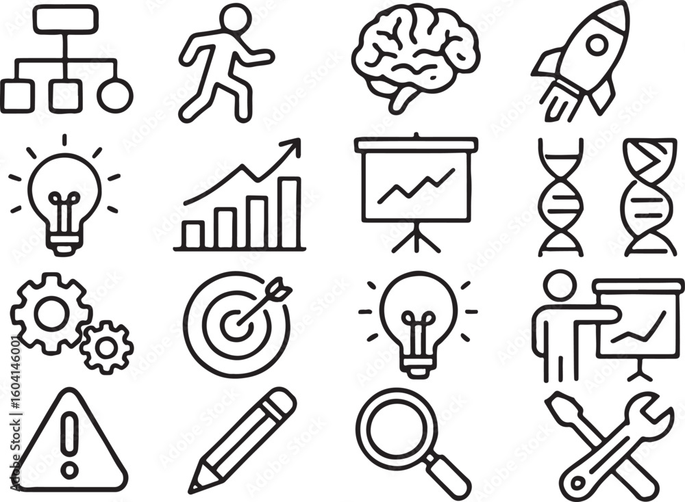 Poster simple hand drawn line art icons for business and science flowchart running man