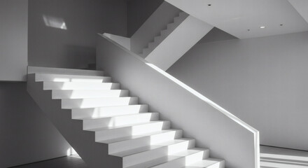 Fototapeta premium A minimalist white staircase in a modern building, with bright sunlight creating a stark contrast of light and shadow on the steps