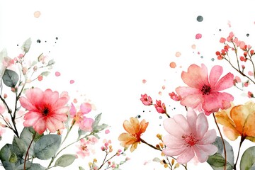 Fototapeta premium Charming watercolor floral border for autumn themes, ideal for invitations, banners, and seasonal projects, showcasing soft blooms against a pristine white background for an inviting aesthetic