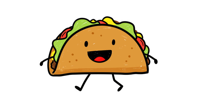 Happy walking taco cartoon character illustration, a whimsical and cheerful animated food icon for playful culinary themes and vibrant designs.