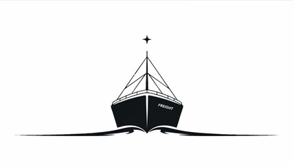 Minimalist black and white silhouette of a cargo ship on the water
