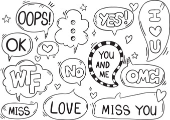 Love and Relationship Speech Bubble Doodles – Yes No, You and Me, Miss You, Chat, Couple Talk, Romantic Sketch, Hand Drawn, Black and White, Cute, Communication, Heart, Text Bubble, Comic, Emotion

