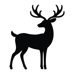 A striking black silhouette of a stag stands proudly, showcasing its impressive branched antlers against a clean white background.