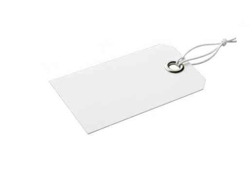 Blank white rectangular paper price tag with string attached isolated on transparent background
