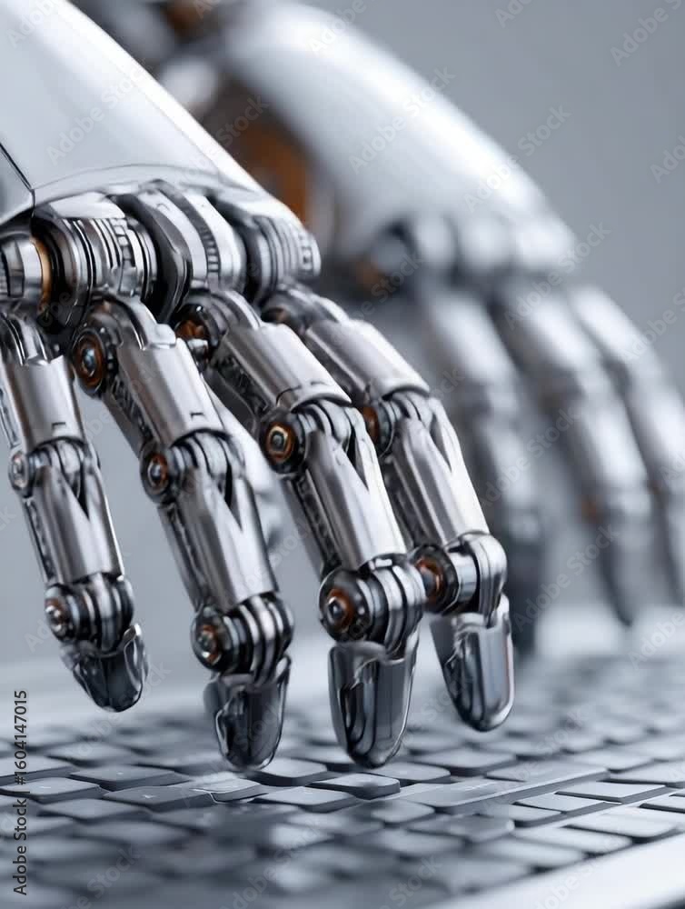 Poster robot hand typing keyboard with shiny metallic fingers, futuristic technology concept featuring deta