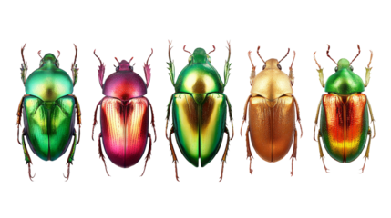 Five Jewel Beetles Face Forward with Transparent Background.