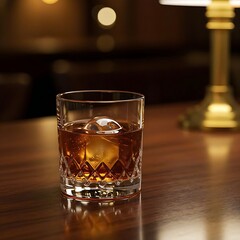 An Old Fashioned, perfectly amber, served in a heavy crystal lowball glass with a single, pristine spherical ice cube. The drink rests on a polished dark wood bar, 