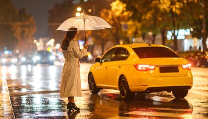 Woman Waiting for a Yellow Car with Umbrella in Rainy City at Night