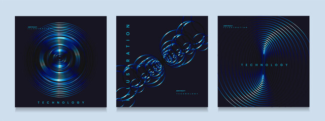 Set Blue Circle Line with Silhouette Planet Earth. Abstract Various Technology Elements of Oval, Cone for Promo, Banner, Poster, Card, Cover. Technology Cyber, Hi-tech in Vector illustration.