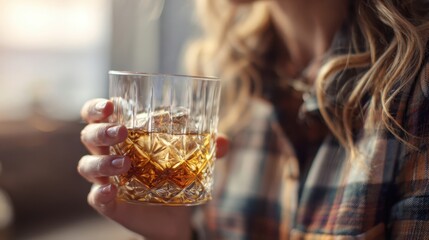 The elegant glass of whiskey held by a woman in a cozy setting