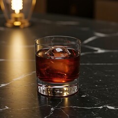 A deep red Manhattan, chilling around a perfectly round ice sphere, presented in a sleek, weighted lowball glass. The drink is placed on a black marble countertop,
