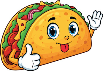 Smiling taco cartoon character illustration, happy food mascot design, cheerful Mexican cuisine concept, thumbs up and waving gesture artwork, colorful meal icon for kids