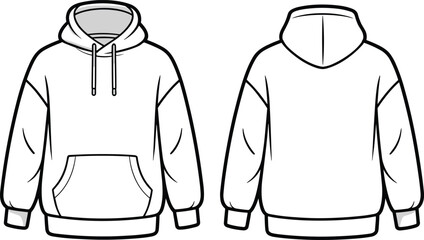 White hoodie template illustration, front and back view design, blank sweatshirt mockup, casual fashion apparel concept, customizable garment sketch, clothing layout vector
