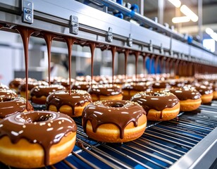 Food Production Line Applying Chocolate Glaze to Donuts