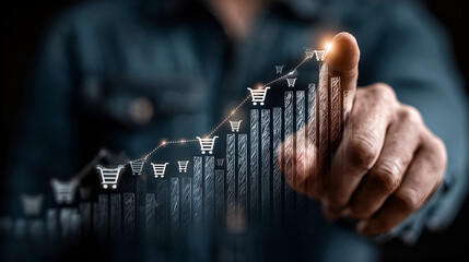 E-commerce Growth Illustration: A visual representation of expanding e-commerce success, as indicated by a graph ascending upwards and enhanced with shopping cart icons.