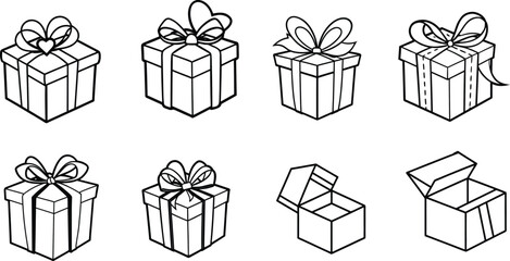 Colorful vector illustration of a set of gift boxes with bows and ribbons, perfect for Christmas, birthday, or holiday celebrations