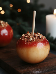 Red caramel apple dessert decorated with nuts on a festive table. Holiday treat with pine needle and lights for Christmas celebration.