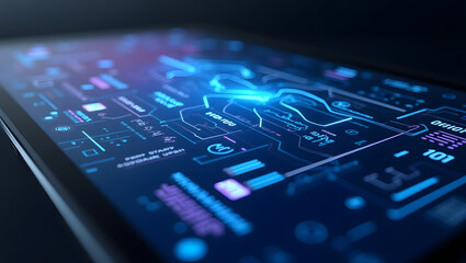 Futuristic touchscreen interface with glowing HUD elements