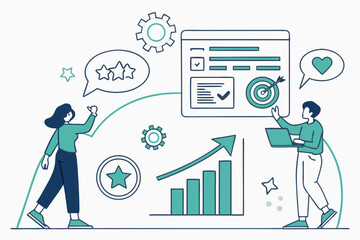 Two people collaborate on a digital strategy analyzing data achieving goals and receiving positive feedback for business growth