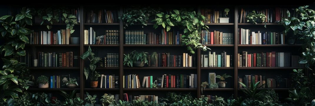 Large bookshelf packed with books and lush green plants, creating a moody library scene ideal for interior design, study inspiration, or modern workspaces.