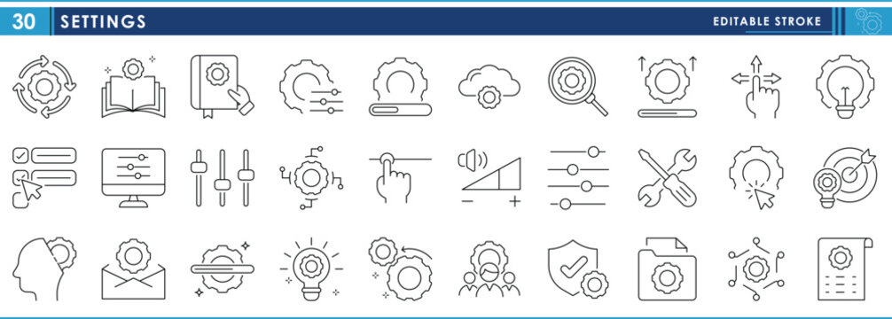 A set of line icons related to Settings. Setting, gear, slider, user interface, technology, and so on. Vector editable stroke.