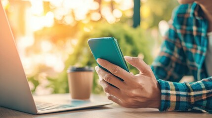 The person using a smartphone at a modern outdoor workspace with natural light.