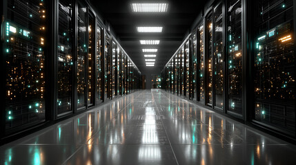 Server Room with Data Center: High-tech server room, showcasing a row of data servers in operation, filled with information and modern computer technology.