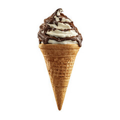 Delicious vanilla soft serve ice cream cone with chocolate swirls isolated on transparent background