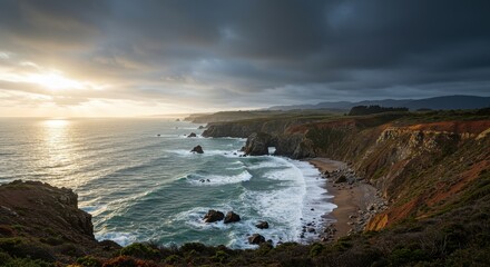 Obraz premium Dramatic Coastline with Waves and Dark Sky 