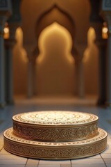 Close-up of Islamic-style podium with mosaic details and golden accents in warm elegant lighting