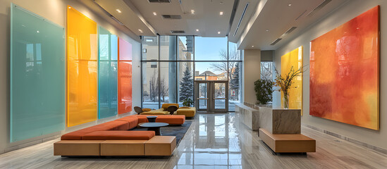 Fototapeta premium Vibrant pastel hued plexiglass panels line a modern commercial interior with large windows, creating a colorful and airy atmosphere bathed in natural light.