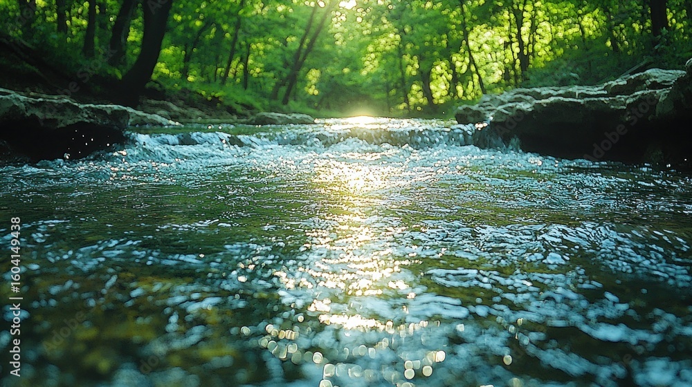 Poster crystal-clear stream flowing through lush forest, sunlight filtering through canopy. close-up view o