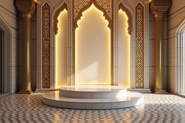 Close-up of Islamic-style podium with mosaic details and golden accents in warm elegant lighting