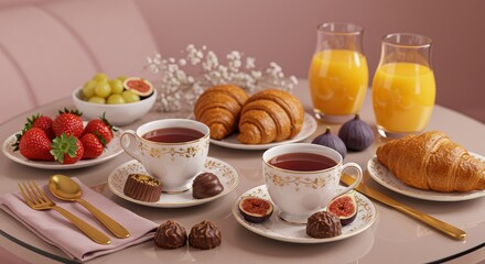 Fototapeta premium Breakfast scene featuring croissants, fruit, juice, and tea served on a table with delicate floral accents.
