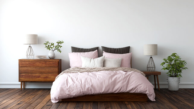 Pink bedding on dark wood floor in minimalist bedroom
