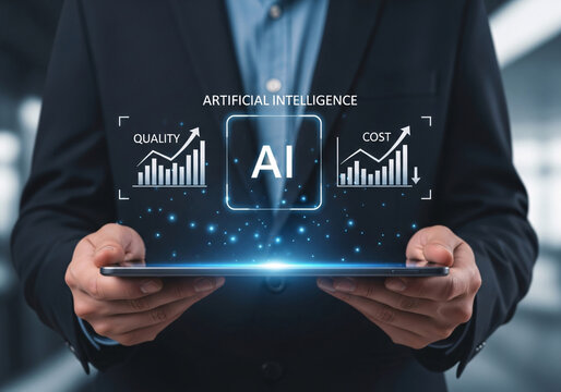 Unlock business growth and efficiency with cutting-edge artificial intelligence insights displayed on a tablet, showcasing quality and cost analytics for strategic advantage.