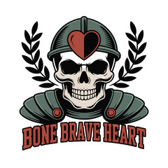 Fototapeta premium Bone Brave Heart T-Shirt Design Vector – Armored Warrior Skull with Laurel Leaves and Heart Emblem, Bold Heroic Skeleton Illustration 