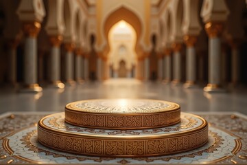 Close-up of Islamic-style podium with mosaic details and golden accents in warm elegant lighting