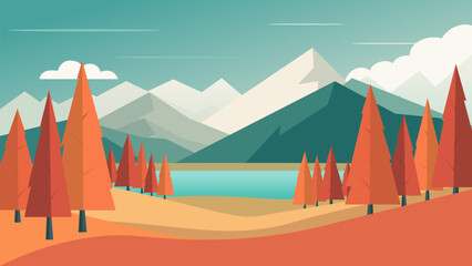 Beautiful autumn landscape of forest, lake and mountains. Flat autumn mountain landscape. Vector illustration of autumn nature lake, forest and mountains.