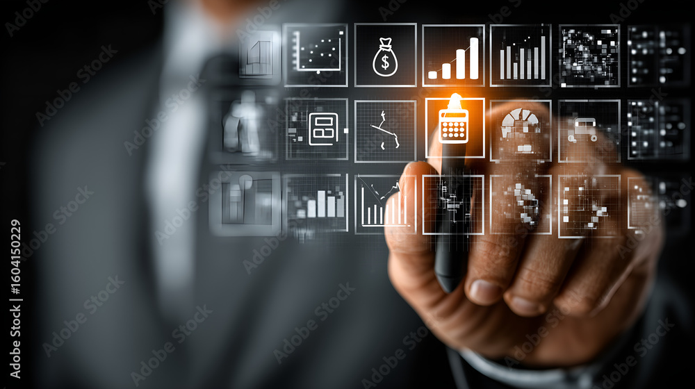 Poster digital transformation: a close-up shot captures the moment a business executive engages with an int