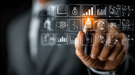 Digital Transformation: A close-up shot captures the moment a business executive engages with an interactive digital interface, showcasing advanced data analytics and innovative tech