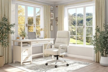White desk and chair in a bright, airy room with large windows