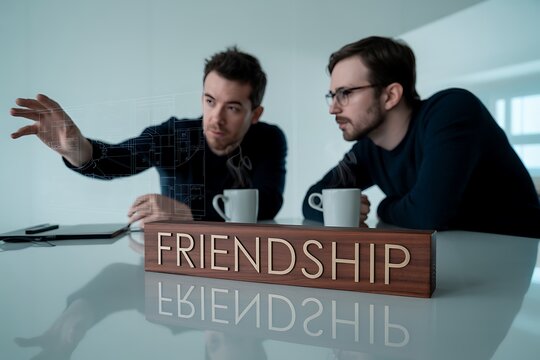 Two colleagues collaborate on architectural plans using futuristic holographic display, fostering teamwork and innovation.