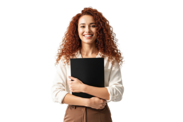 young woman holding a laptop isolated on white