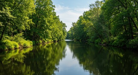 Peaceful Green River Surrounded by Forest
