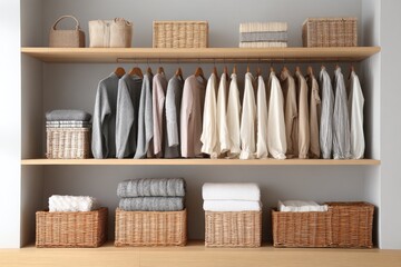 Organized closet with neutral clothes and baskets