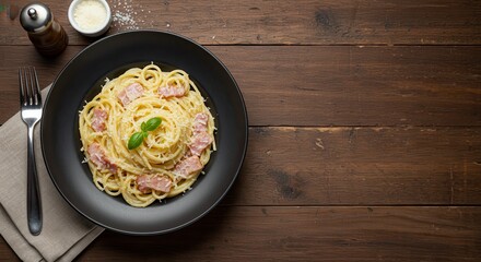 Spaghetti Carbonara in Dark Bowl on Wooden Table