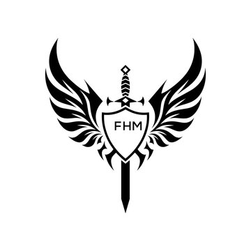 FHM  Winged Sword and Shield Logo with FHM   Letters, FHM   Later Logo, Heraldic Emblem, Black and White Vector Design
