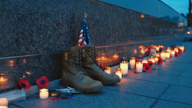 Worn combat boots rest at the base of a granite memorial, accompanied by a small American flag. Poppies and candles surround the site, creating a somber tribute on Veterans Day